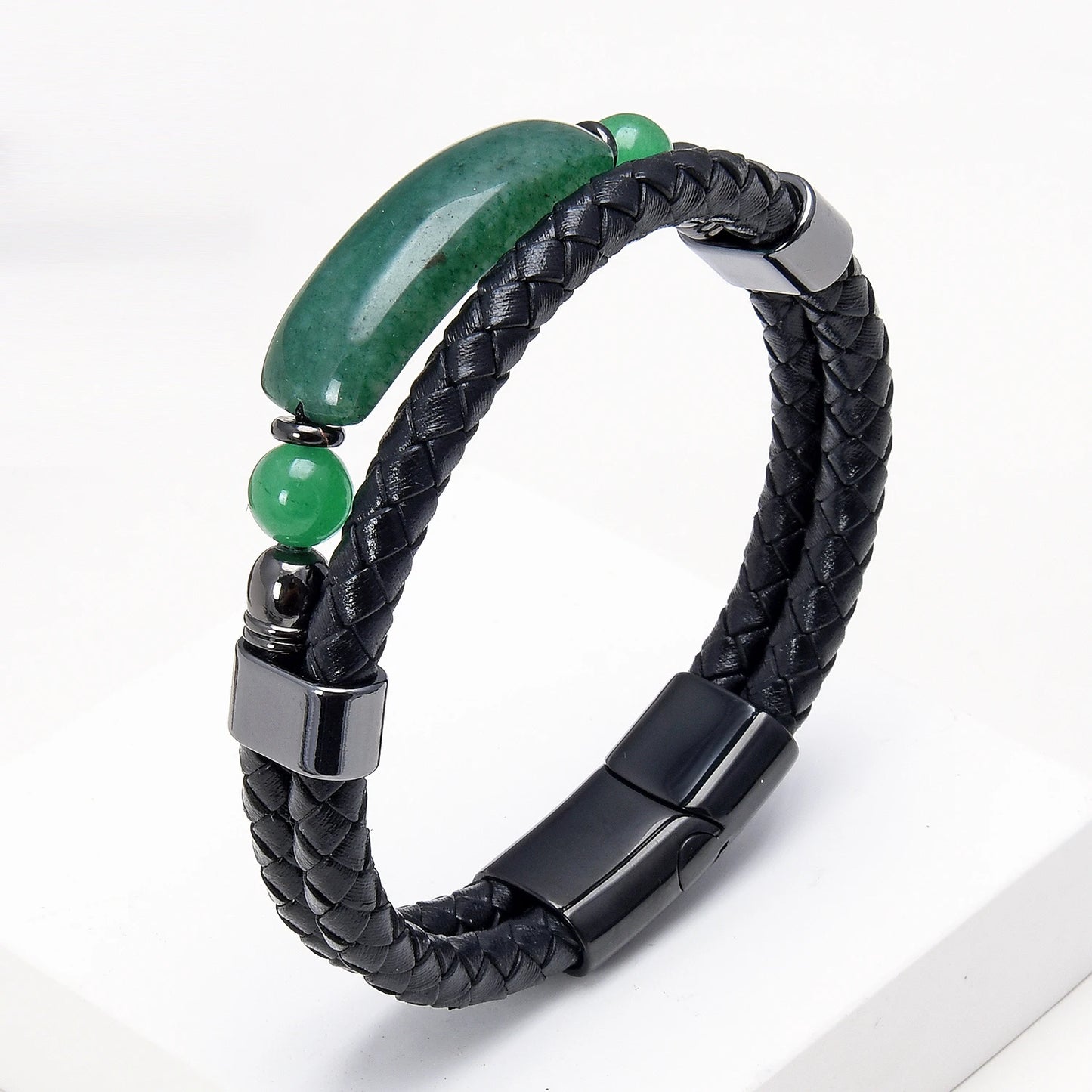 Bijoux-en-pierre-semi-précieuse-aventurine-verte-bracelet-en-cuir-noir