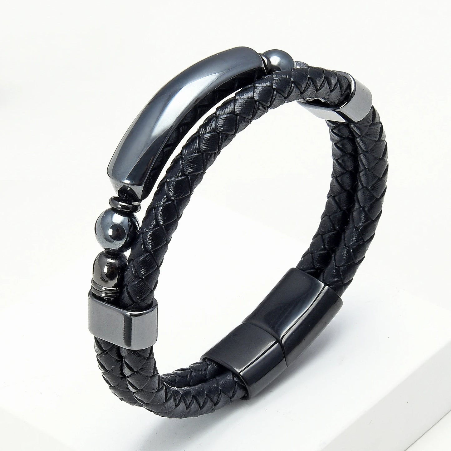 Bijoux-en-pierre-semi-précieuse-hématite-bracelet-en-cuir-noir