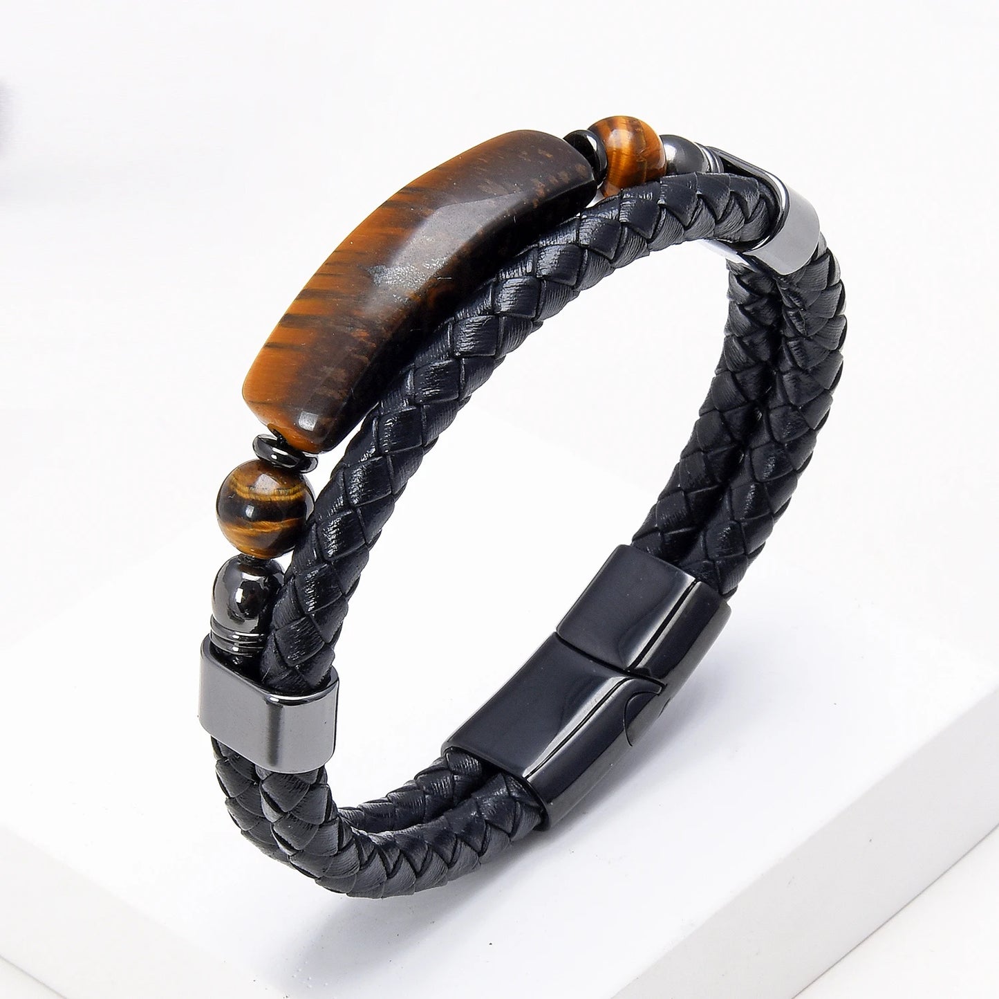 Bijoux-en-pierre-semi-précieuse-oeil-de-tigre-bracelet-en-cuir-noir