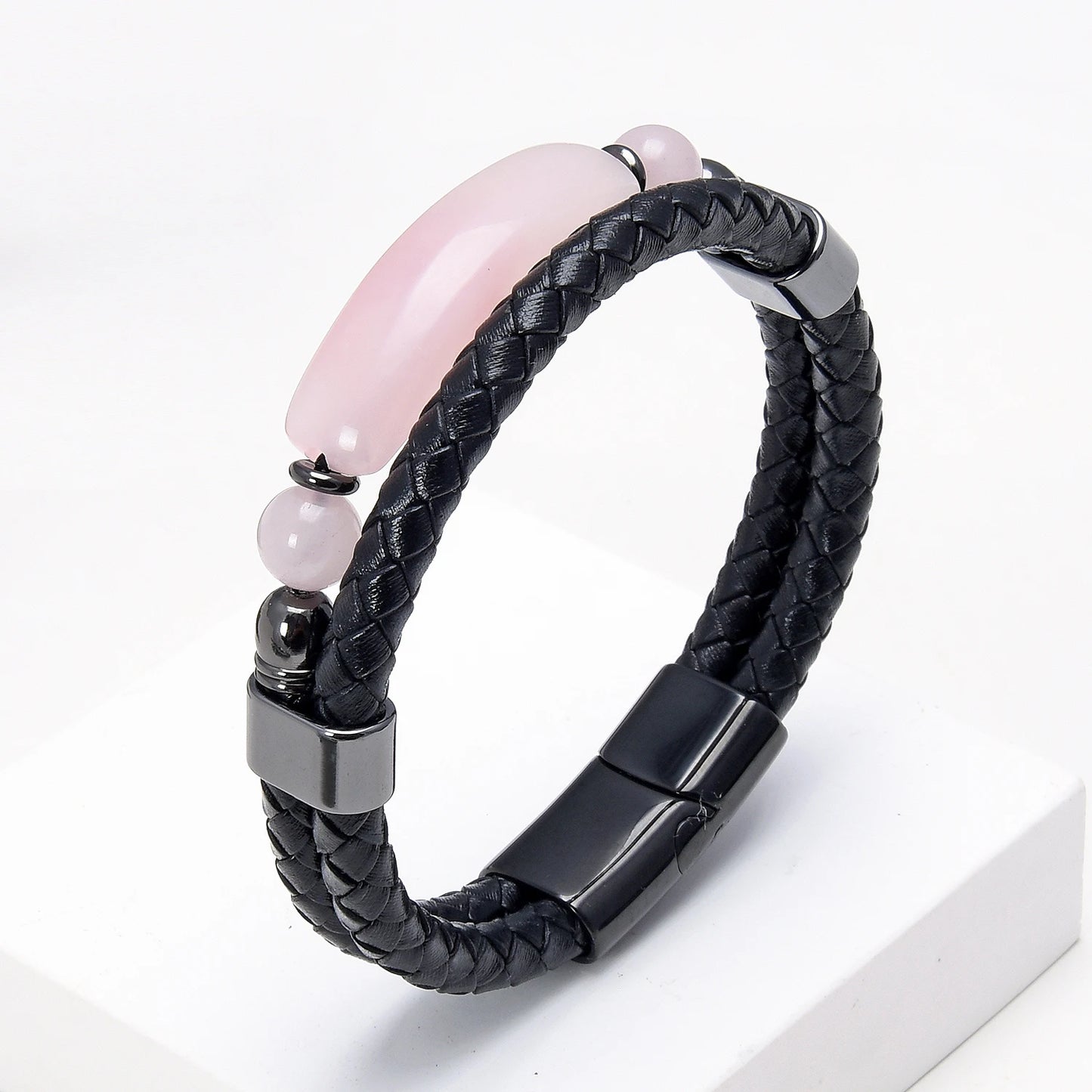 Bijoux-en-pierre-semi-précieuse-quartz-rose-bracelet-en-cuir-noir