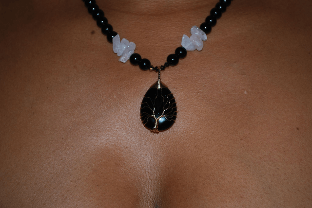 Collier obsidienne en onyx et quartz rose 