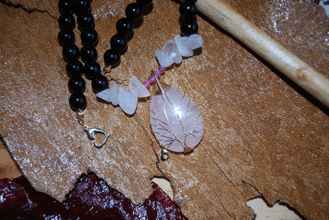Collier quartz rose et obsidienne