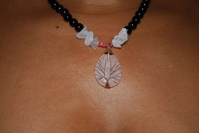 Collier quartz rose et obsidienne