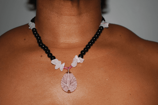 Collier quartz rose et obsidienne