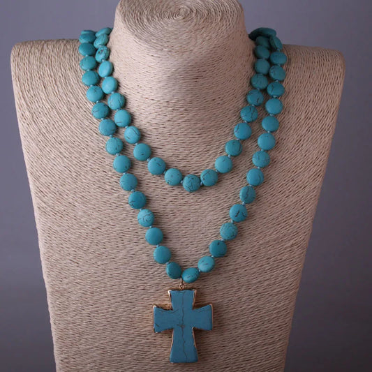 Pierre-bleu-turquoise-collier-long-pendentif-croix